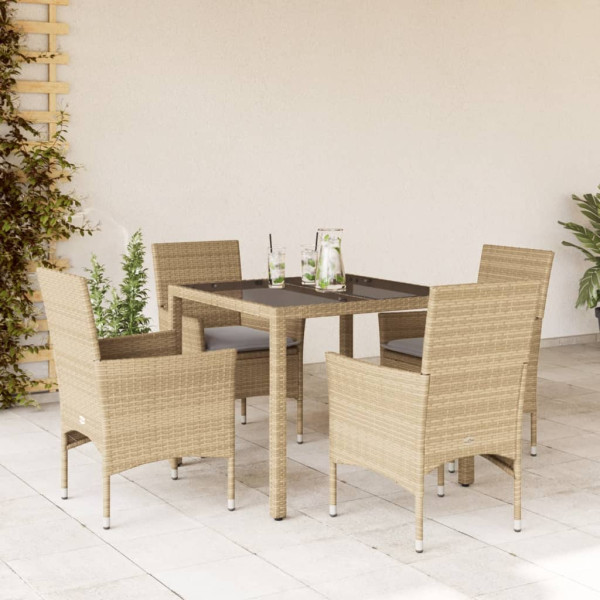 Set comedor jardín 5 pzas cojines ratán sintético vidrio beige D