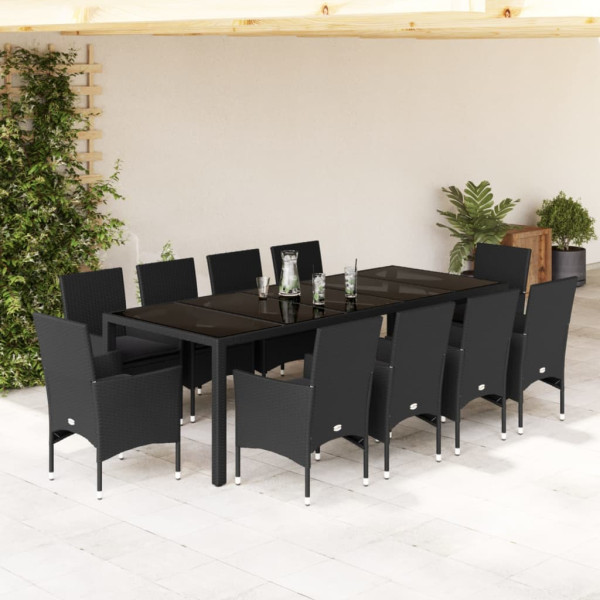 Set comedor jardín 11 pzas cojines ratán sintético vidrio negro D