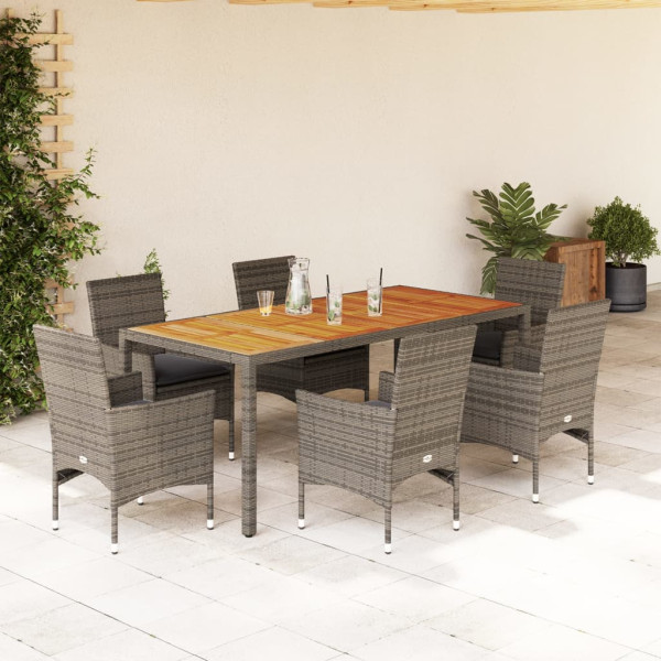 Set de comedor jardín 7 pzas con cojines ratán PE acacia gris D