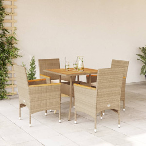 Set de comedor jardín 5 pzas con cojines ratán PE acacia beige D