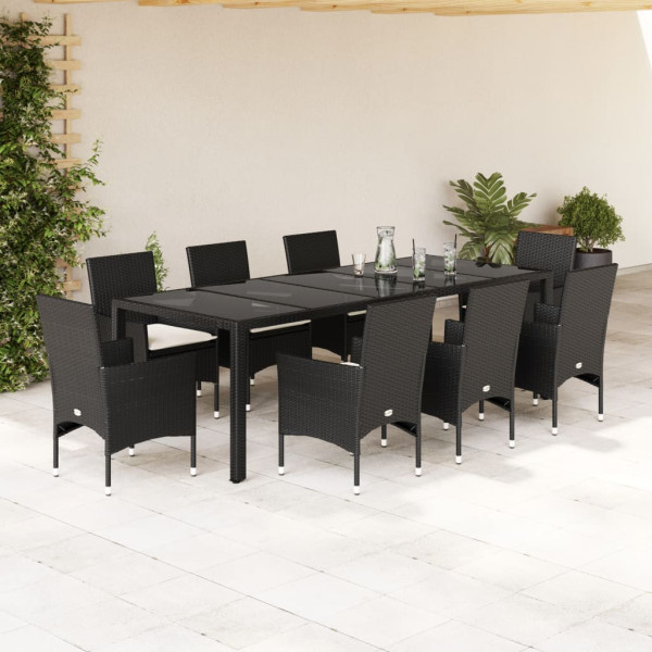 Set comedor jardín 9 pzas cojines ratán sintético vidrio negro D