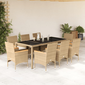 Set comedor jardín 9 pzas cojines ratán sintético vidrio beige D