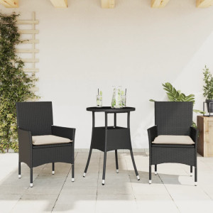 Set comedor jardín 3 pzas cojines ratán sintético vidrio negro D