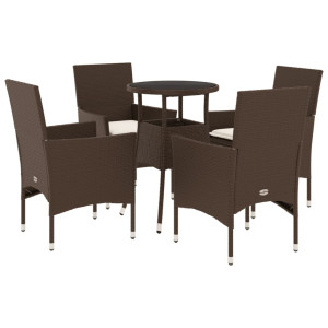 Set comedor jardín 5 pzas cojines ratán sintético vidrio marrón D