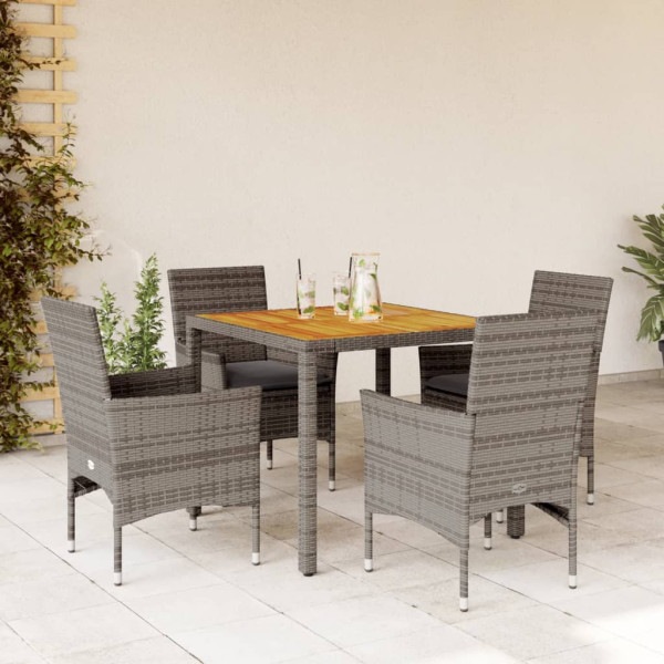 Set de comedor jardín 5 pzas con cojines ratán PE acacia gris D