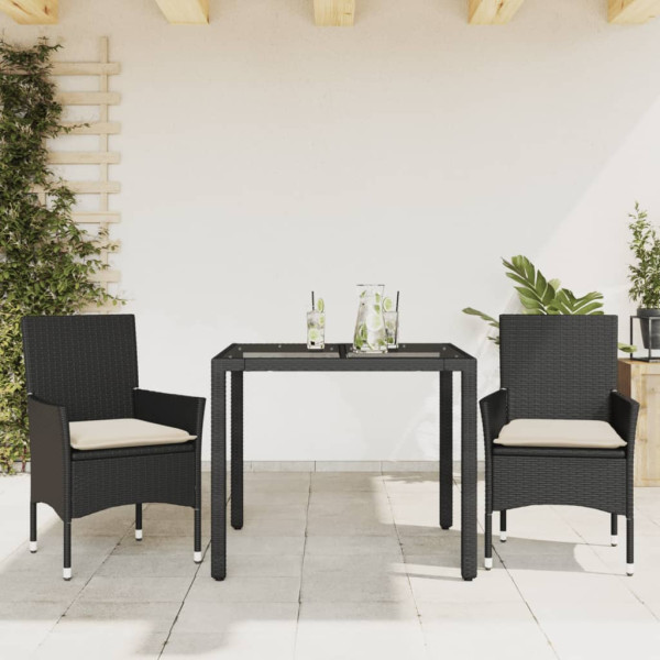 Set comedor jardín 3 pzas cojines ratán sintético vidrio negro D