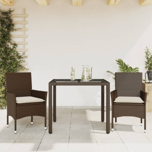 Set comedor jardín 3 pzas cojines ratán sintético vidrio marrón D