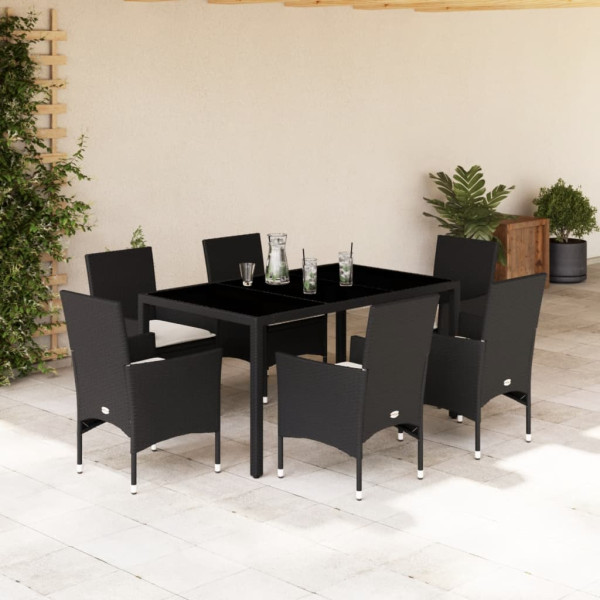 Set comedor jardín 7 pzas cojines ratán sintético vidrio negro D