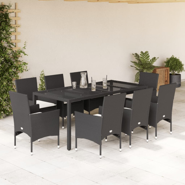 Set comedor jardín 9 pzas cojines ratán sintético vidrio negro D