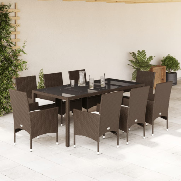 Set comedor jardín 9 pzas cojines ratán sintético vidrio marrón D