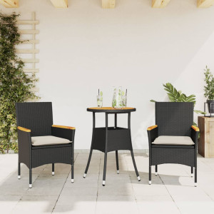 Set de comedor jardín 3 pzas con cojines ratán PE acacia negro D