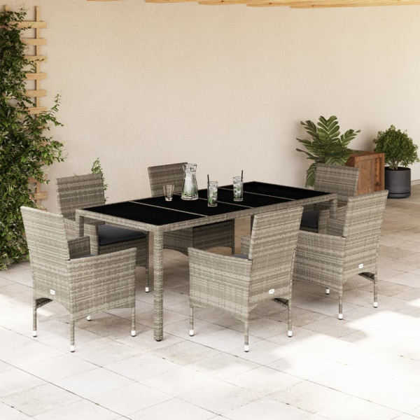 Set de comedor jardín 7 piezas y cojines ratán PE y vidrio gris D