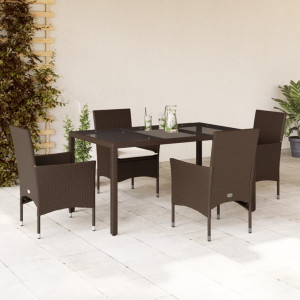 Set comedor jardín 5 pzas cojines ratán sintético vidrio marrón D