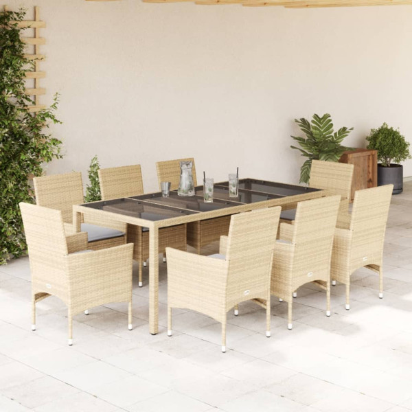 Set comedor jardín 9 pzas cojines ratán sintético vidrio beige D