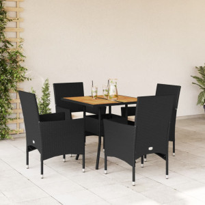 Set de comedor jardín 5 pzas con cojines ratán PE acacia negro D