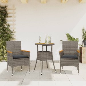 Set de comedor jardín 3 pzas con cojines ratán PE acacia gris D