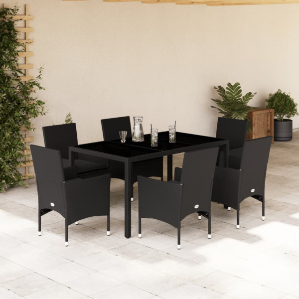 Set comedor jardín 7 pzas cojines ratán sintético vidrio negro D