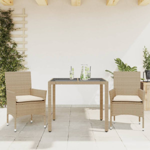 Set comedor jardín 3 pzas cojines ratán sintético vidrio beige D