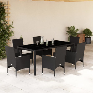 Set comedor jardín 7 pzas cojines ratán sintético vidrio negro D