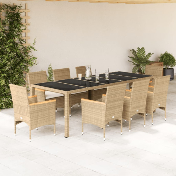 Set comedor jardín 9 pzas cojines ratán sintético vidrio beige D