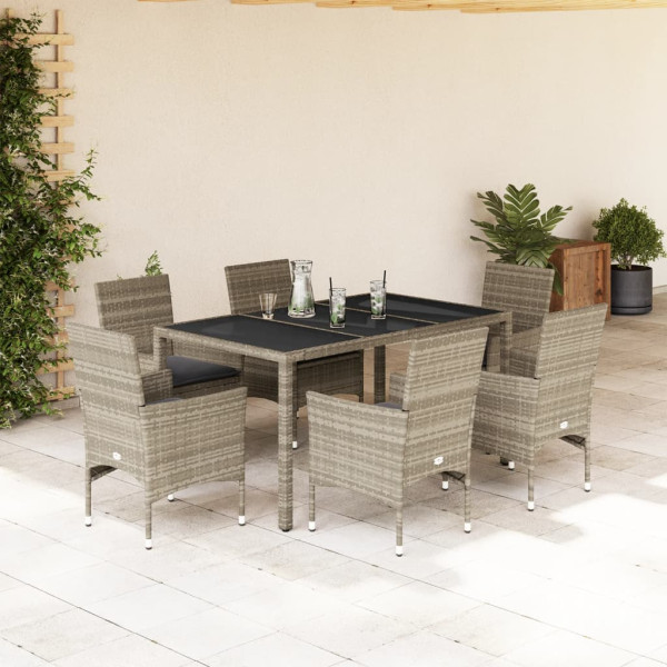 Set de comedor jardín 7 piezas y cojines ratán PE y vidrio gris D