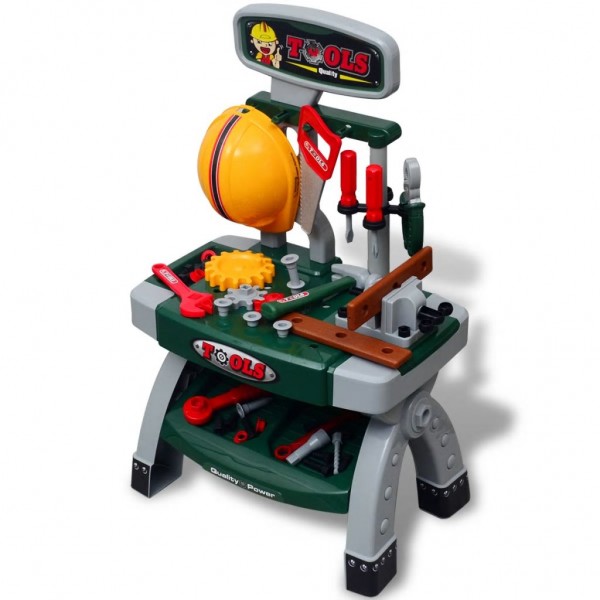Mesa de trabalho de brinquedo para crianças com ferramentas (verde + cinza) D