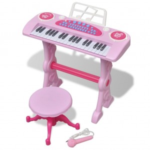 Piano de juguete de 37 teclas con taburete/micrófono para niños (Rosa) D