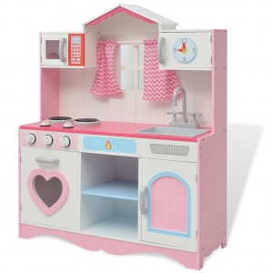 Cozinha de brinquedo de madeira rosa e branca 82x30x100 cm D