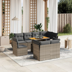 Set de muebles de jardín 9 pzas y cojines ratán sintético gris D