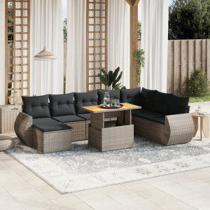 Set de muebles de jardín 9 pzas y cojines ratán sintético gris D