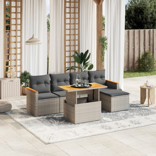 Set de muebles de jardín 6 pzas y cojines ratán sintético gris D