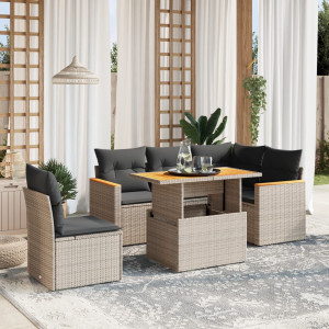 Set de muebles de jardín 6 pzas y cojines ratán sintético gris D