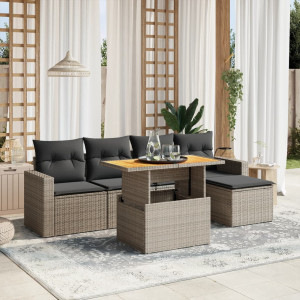 Set de muebles de jardín 6 pzas y cojines ratán sintético gris D