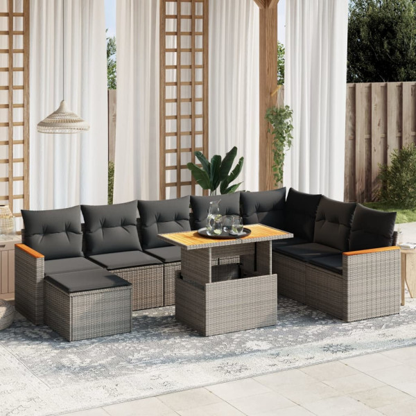 Set de muebles de jardín 9 pzas y cojines ratán sintético gris D