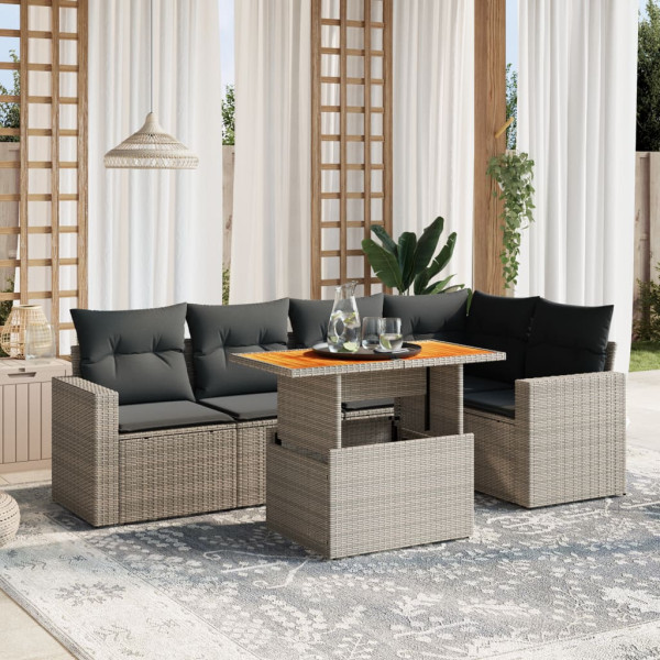 Set de muebles de jardín 6 pzas y cojines ratán sintético gris D