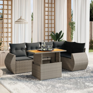 Set de muebles de jardín 6 pzas y cojines ratán sintético gris D