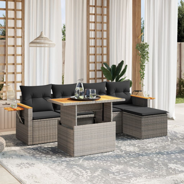 Set de muebles de jardín 6 pzas y cojines ratán sintético gris D