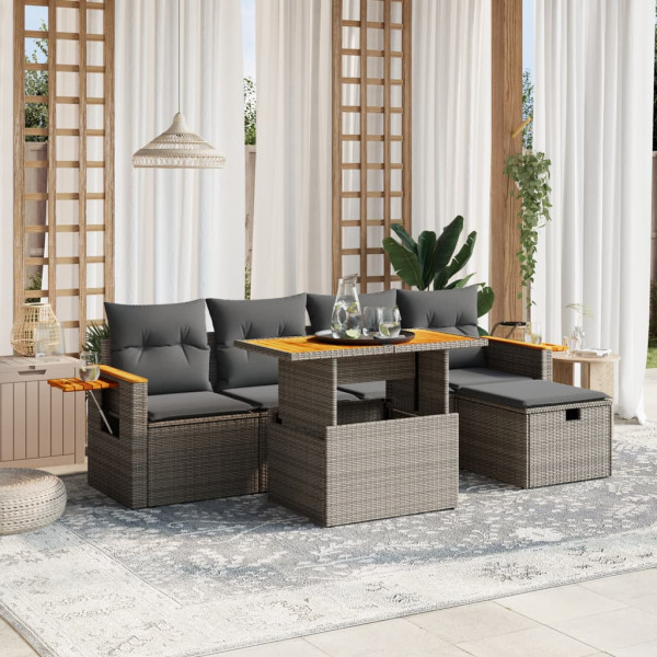 Set de muebles de jardín 6 pzas y cojines ratán sintético gris D