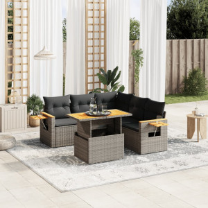 Set de muebles de jardín 6 pzas y cojines ratán sintético gris D