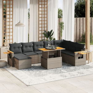 Set de muebles de jardín 9 pzas y cojines ratán sintético gris D