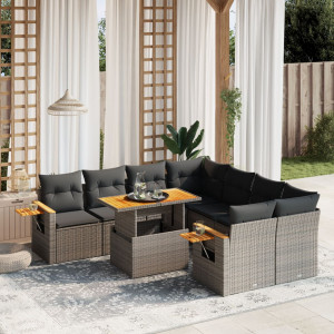 Set de muebles de jardín 9 pzas y cojines ratán sintético gris D