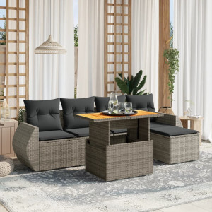 Set de muebles de jardín 6 pzas y cojines ratán sintético gris D