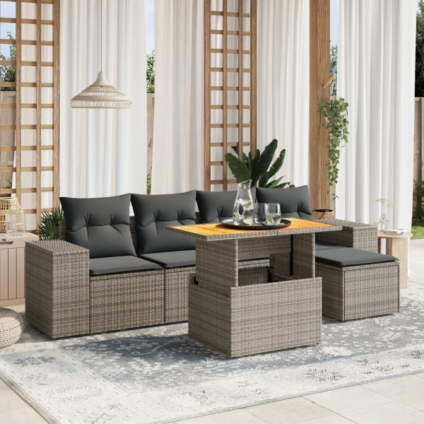 Set de muebles de jardín 6 pzas y cojines ratán sintético gris D