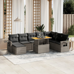 Set de muebles de jardín 9 pzas y cojines ratán sintético gris D