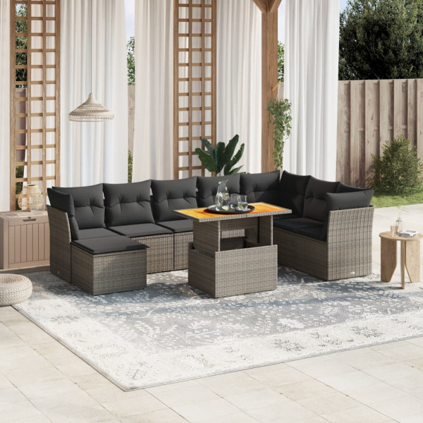 Set de muebles de jardín 9 pzas y cojines ratán sintético gris D