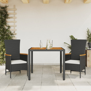 Set comedor de jardín 3 pzas con cojines ratán sintético negro D