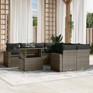 Set de muebles de jardín 9 pzas y cojines ratán sintético gris D