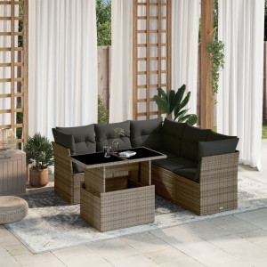 Set de muebles de jardín 6 pzas y cojines ratán sintético gris D