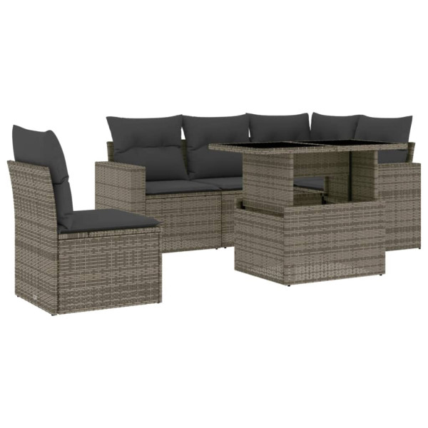 Set de muebles de jardín 6 pzas y cojines ratán sintético gris D