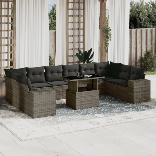 Set de sofás de jardín 11 pzas y cojines ratán sintético gris D